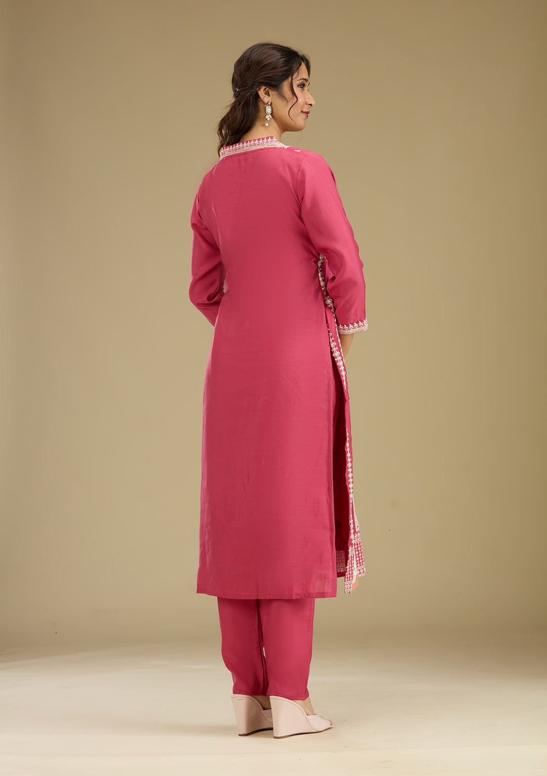 Dark Onion Pink Threadwork Semi Crepe Readymade Salwar Suit