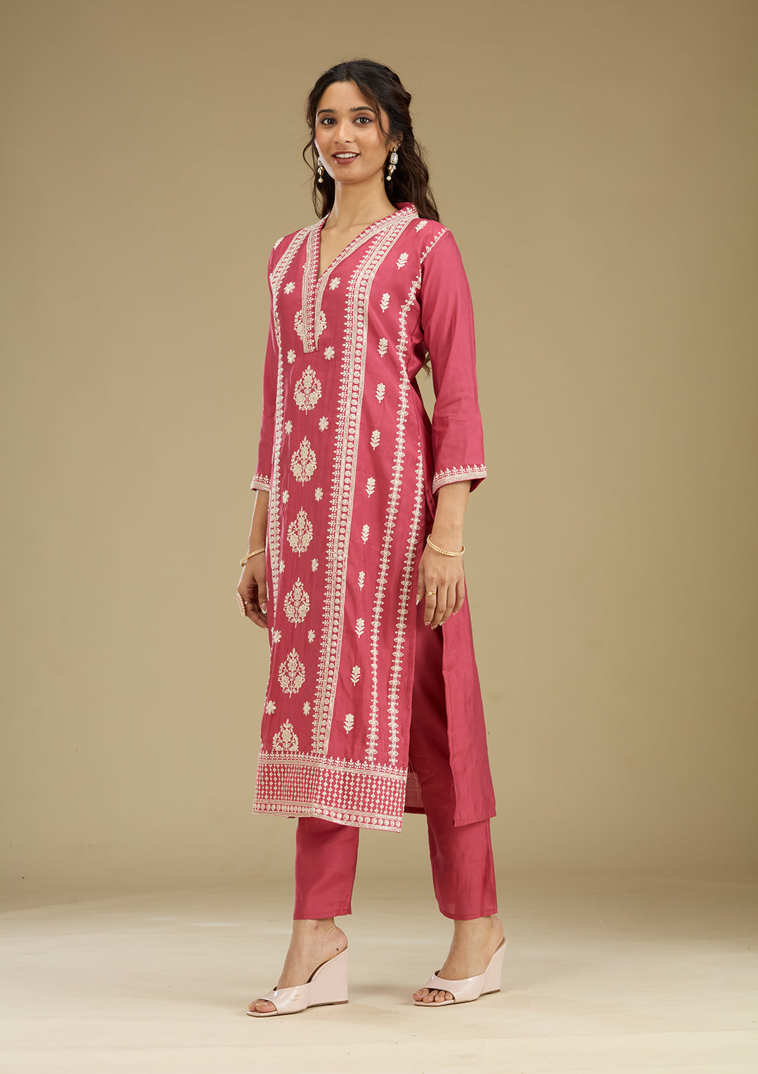 Dark Onion Pink Threadwork Semi Crepe Readymade Salwar Suit