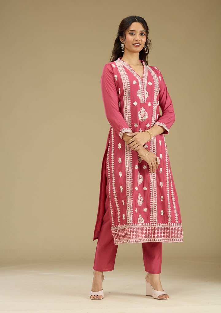 Dark Onion Pink Threadwork Semi Crepe Readymade Salwar Suit