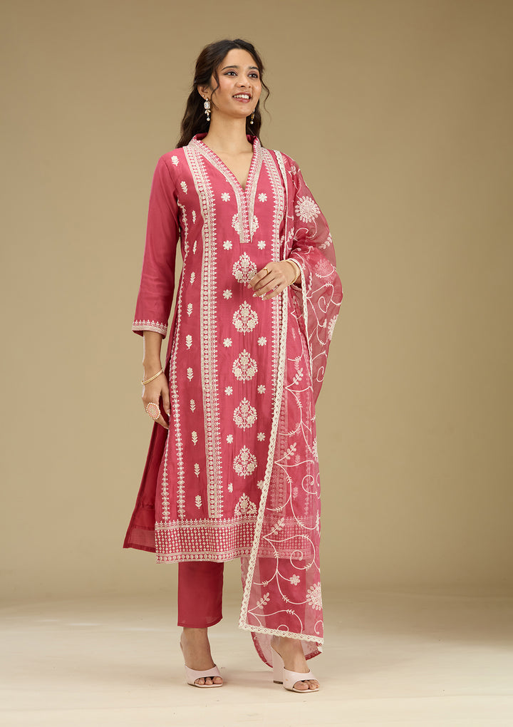 Dark Onion Pink Threadwork Semi Crepe Readymade Salwar Suit