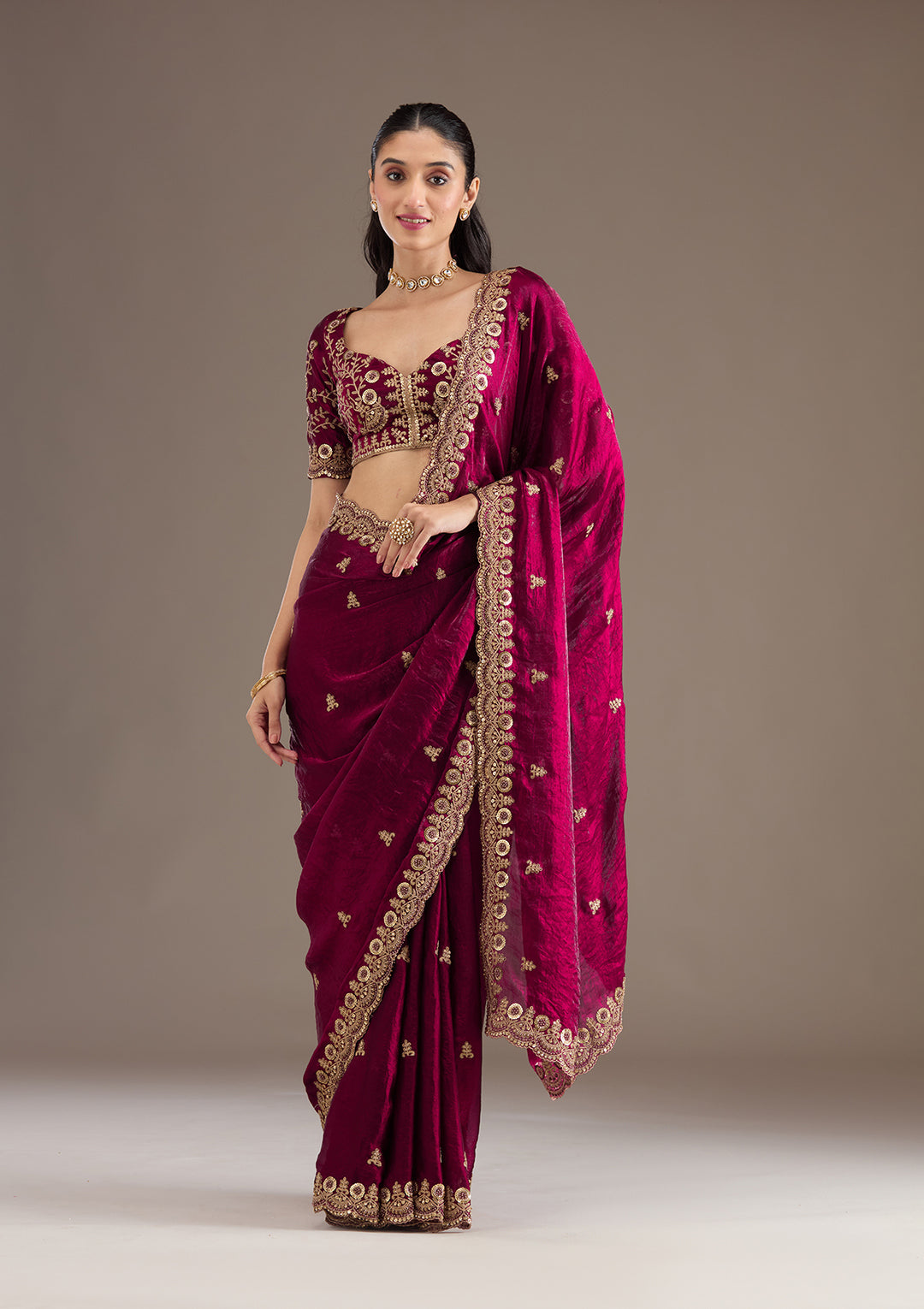 Dark Maroon Zariwork Tissue Saree