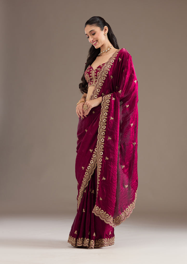 Dark Maroon Zariwork Tissue Saree