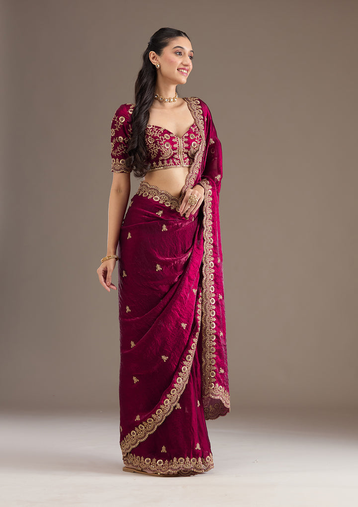 Dark Maroon Zariwork Tissue Saree