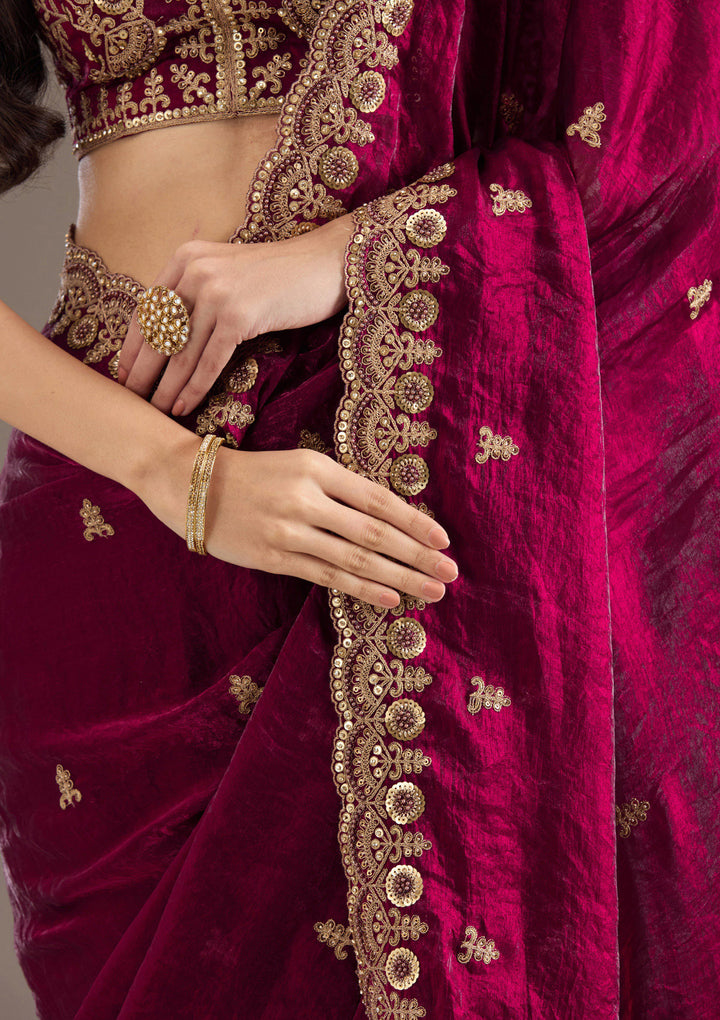 Dark Maroon Zariwork Tissue Saree