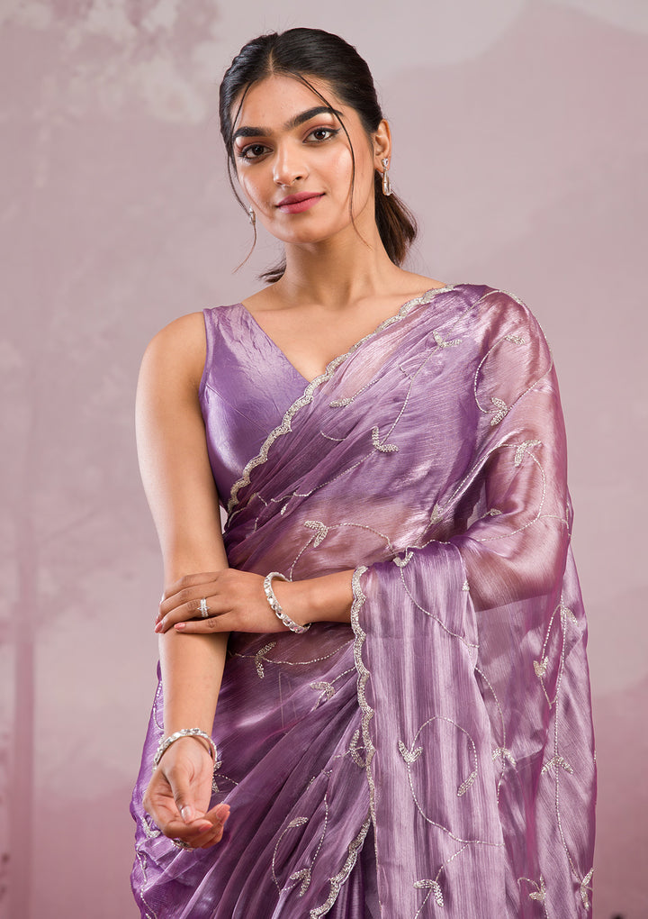 Lavender Organza Cutdana Saree With Matching Blouse Piece