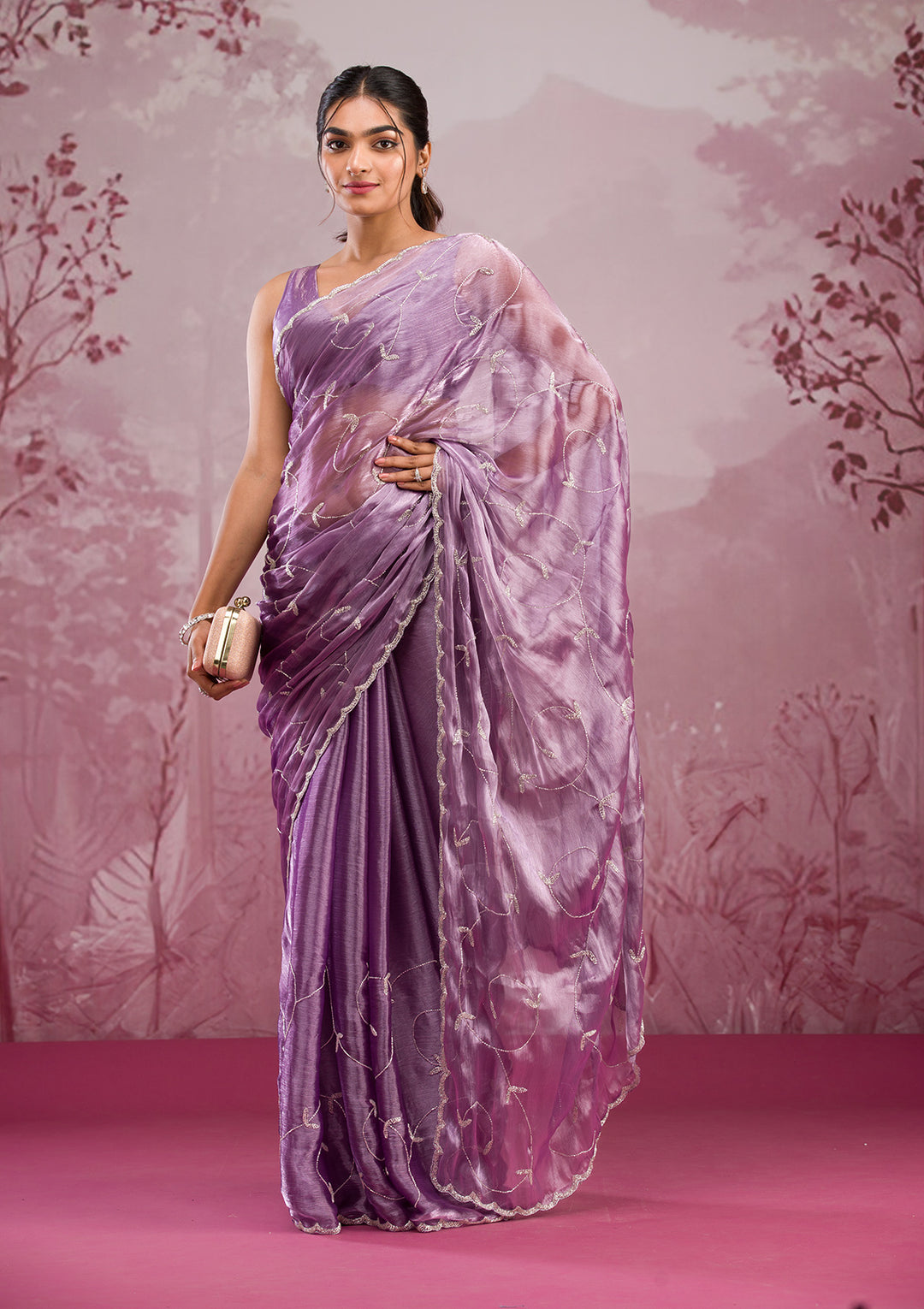 Lavender Organza Cutdana Saree With Matching Blouse Piece