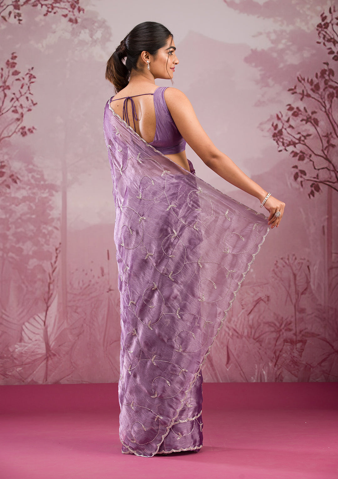 Lavender Organza Cutdana Saree With Matching Blouse Piece