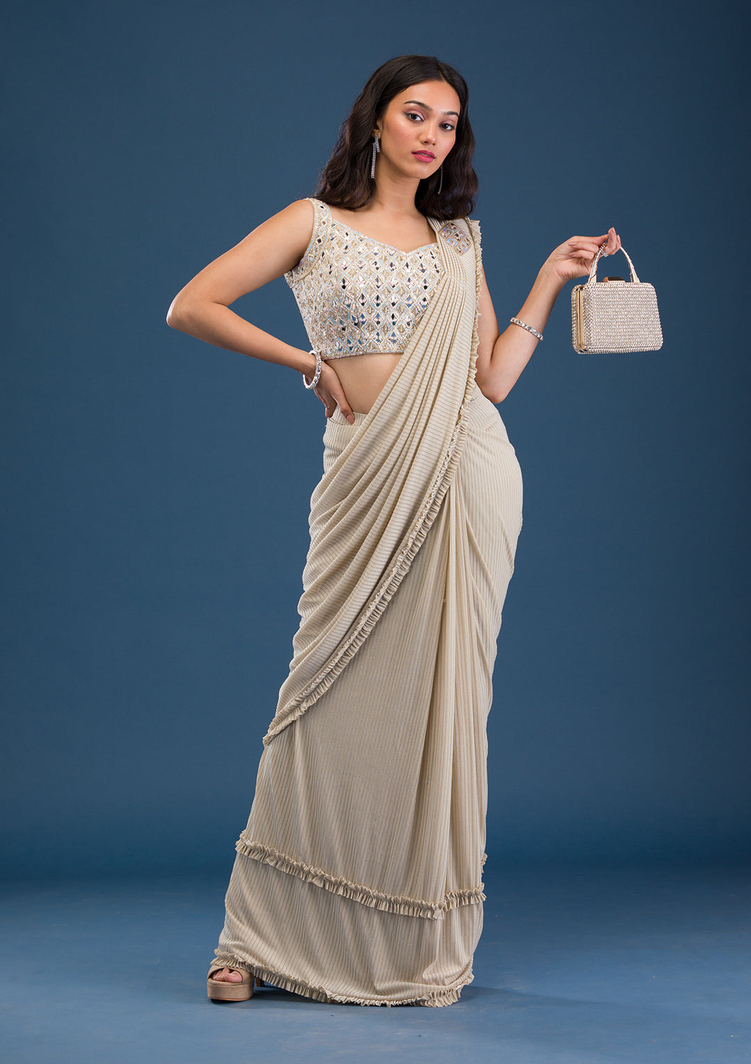 Koskii Beige Georgette Saree with Mirrorwork – Elegant Evening Wear