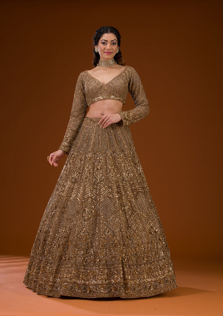 Koskii Net Gold Lehenga – Embellished with Exquisite Stonework