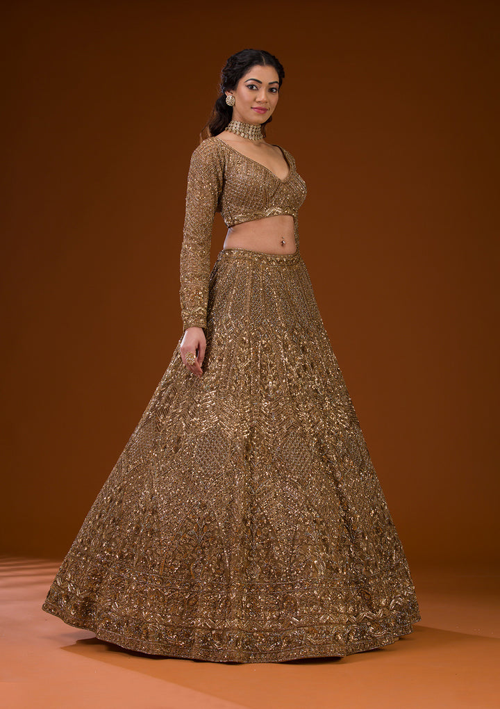 Koskii Net Gold Lehenga – Embellished with Exquisite Stonework