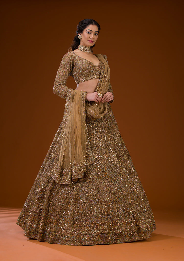 Koskii Net Gold Lehenga – Embellished with Exquisite Stonework