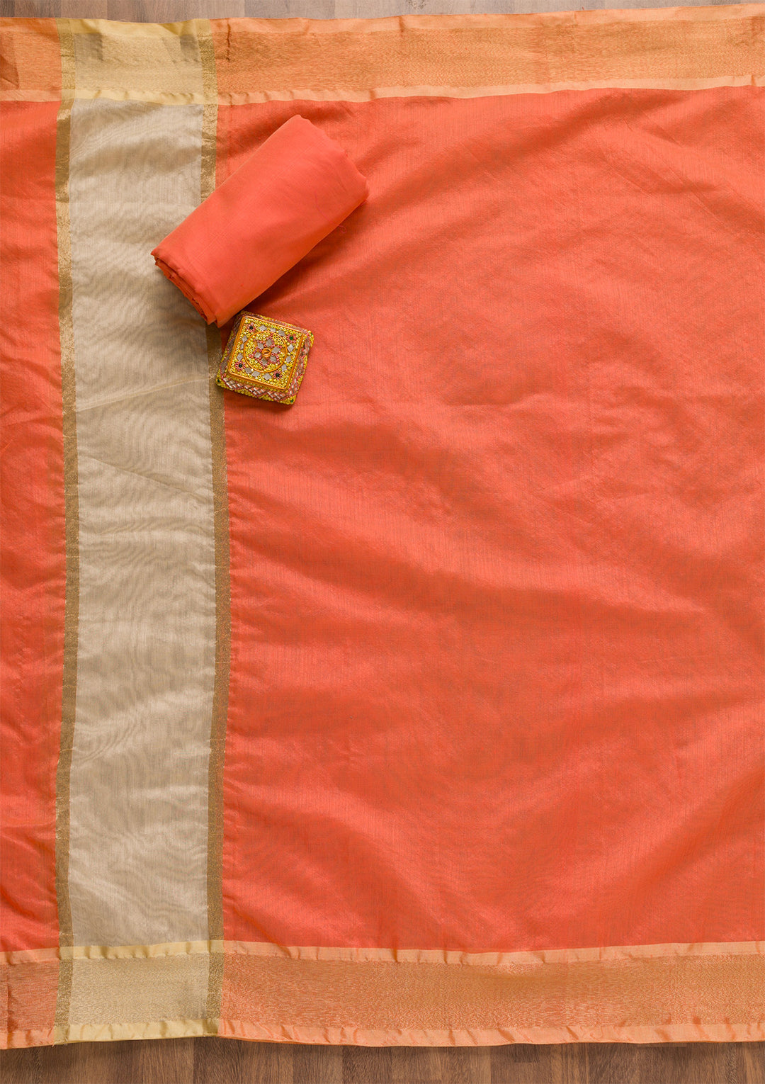 Gold Peach Silk Gold Zariwork Unstitched Dress Material With Matching Bottom And Dupatta