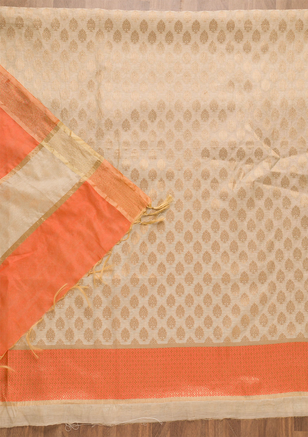 Gold Peach Silk Gold Zariwork Unstitched Dress Material With Matching Bottom And Dupatta