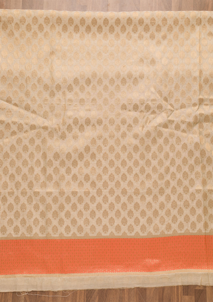 Gold Peach Silk Gold Zariwork Unstitched Dress Material With Matching Bottom And Dupatta