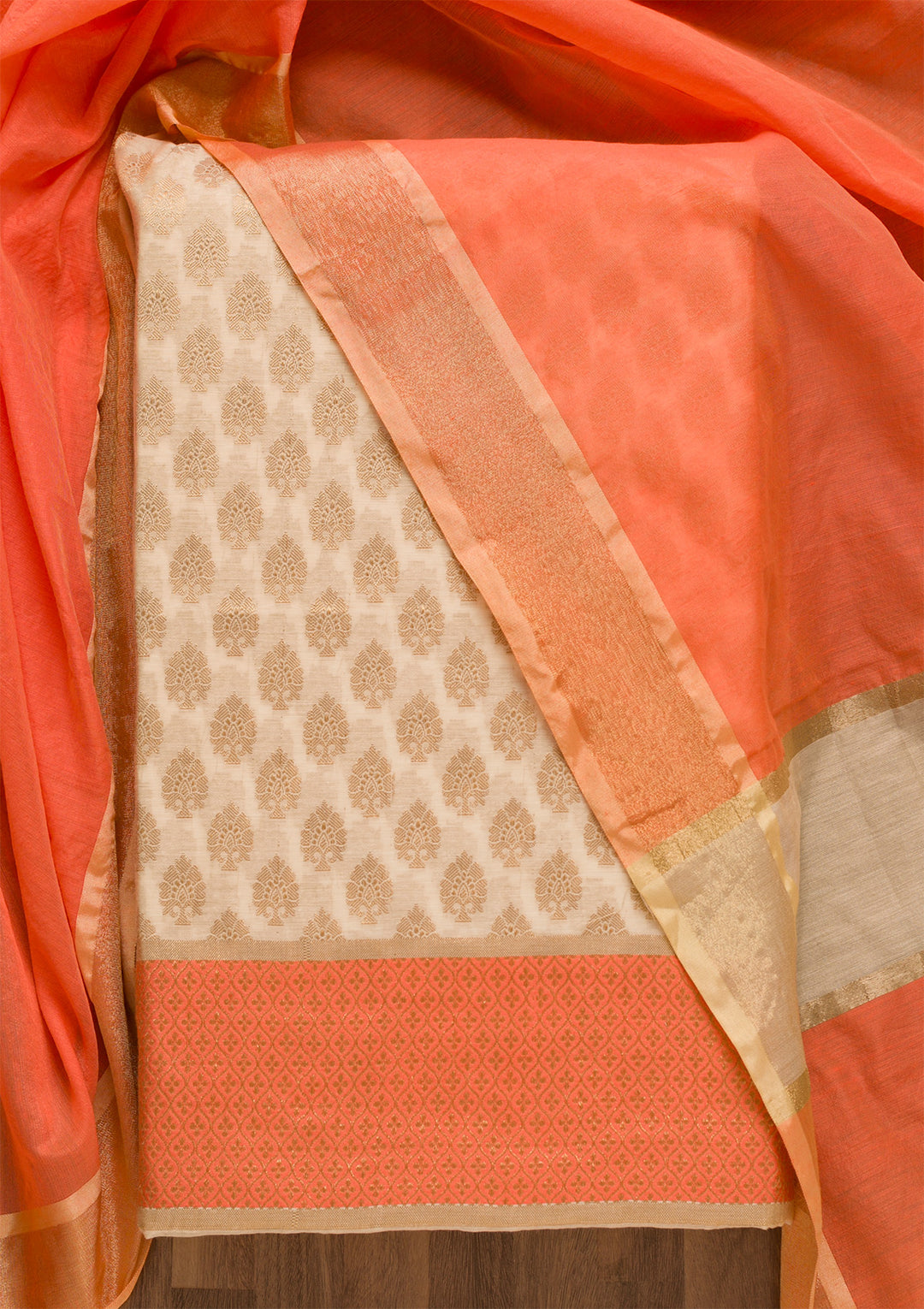 Gold Peach Silk Gold Zariwork Unstitched Dress Material With Matching Bottom And Dupatta