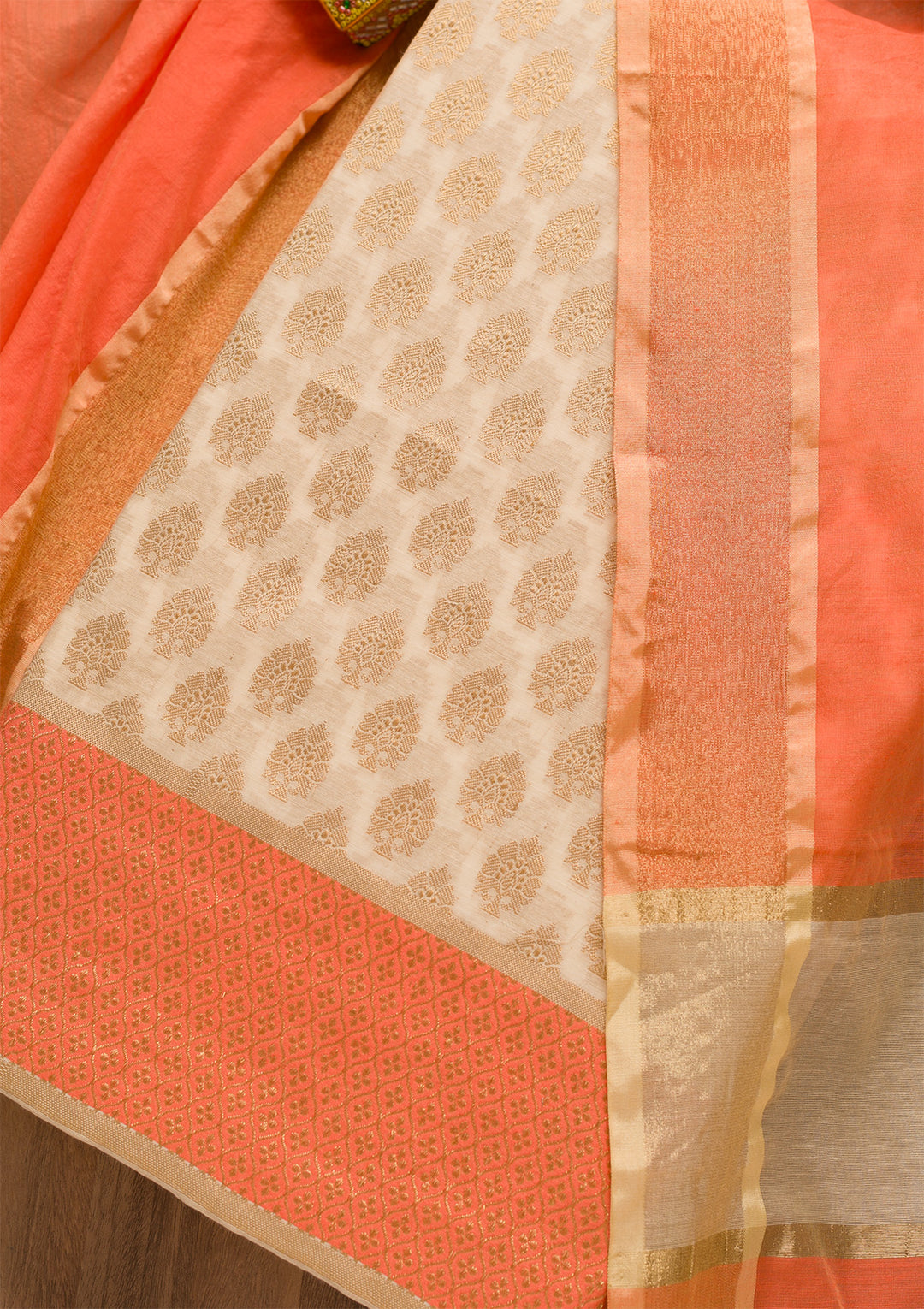 Gold Peach Silk Gold Zariwork Unstitched Dress Material With Matching Bottom And Dupatta