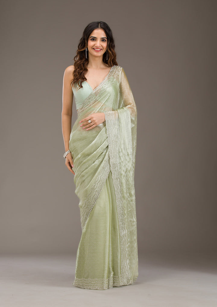 Pista Green Organza Silver Zariwork Saree With Matching Blouse Piece