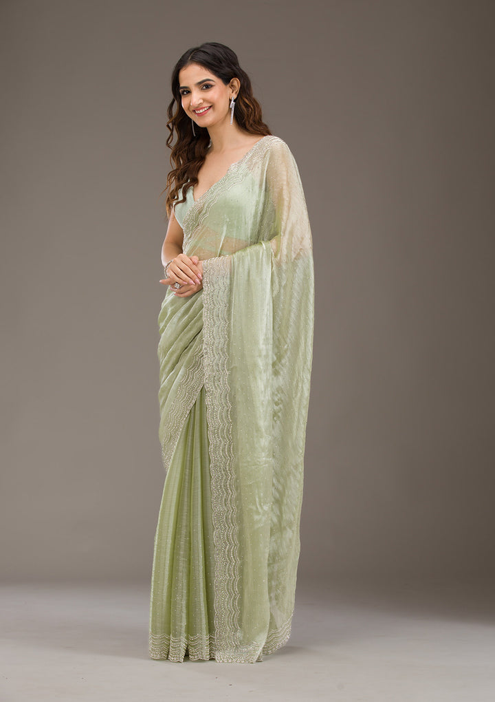 Pista Green Organza Silver Zariwork Saree With Matching Blouse Piece
