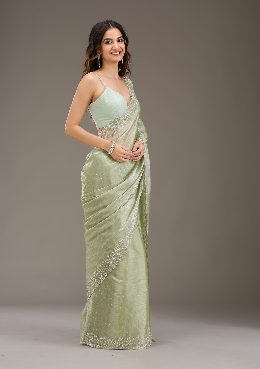 Pista Green Organza Silver Zariwork Saree With Matching Blouse Piece