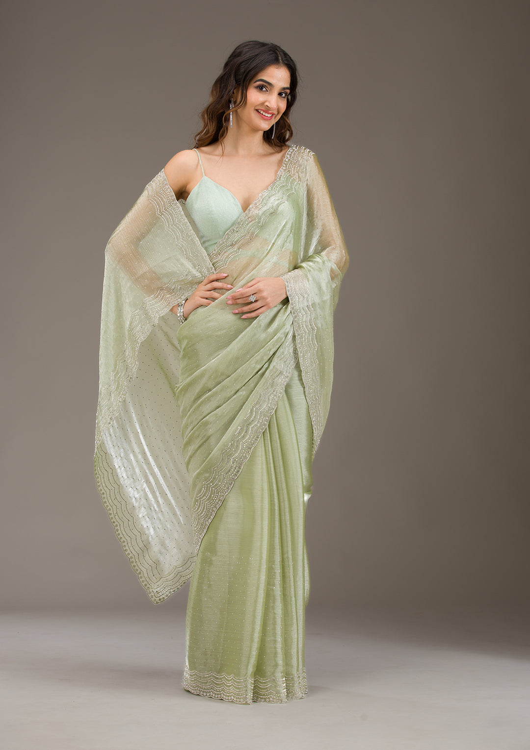 Pista Green Organza Silver Zariwork Saree With Matching Blouse Piece