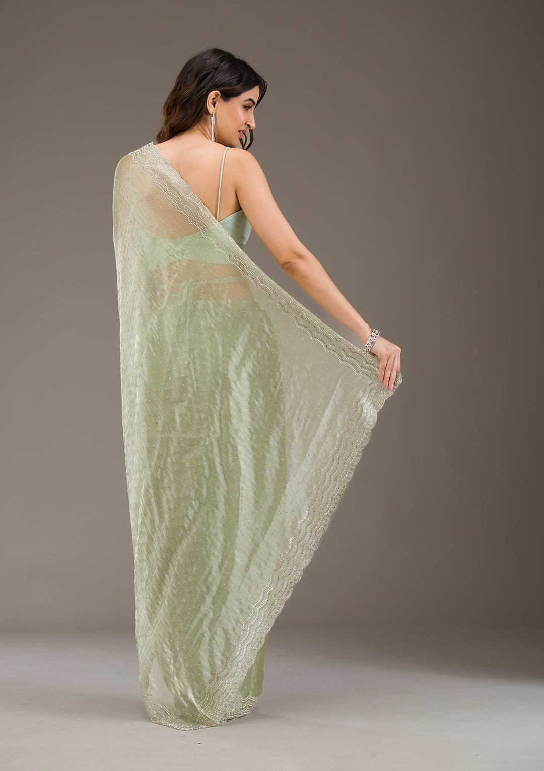 Pista Green Organza Silver Zariwork Saree With Matching Blouse Piece