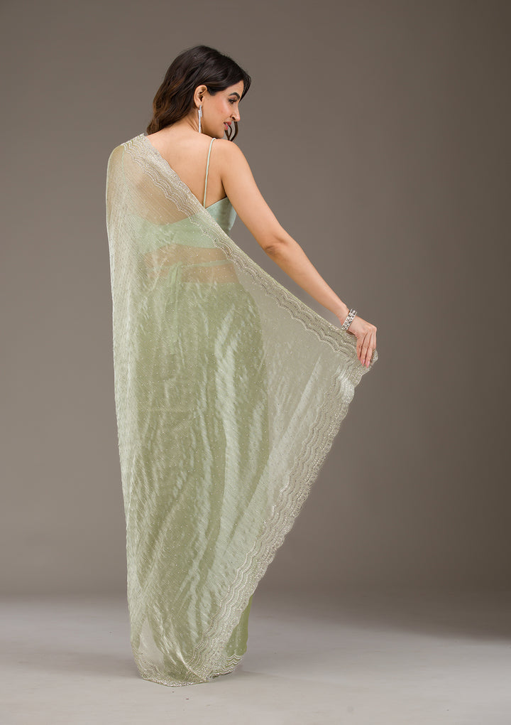 Pista Green Organza Silver Zariwork Saree With Matching Blouse Piece