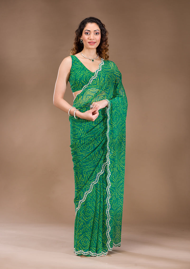 Leaf Green Georgette Bandhej Mirrorwork Saree With Matching Blouse Piece