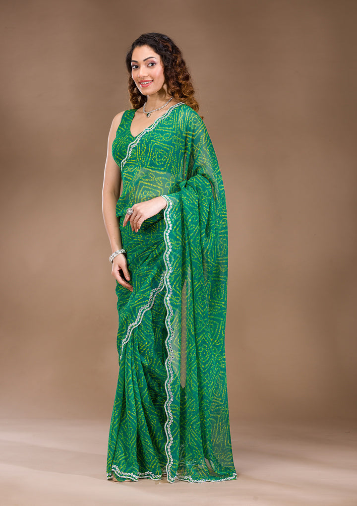 Leaf Green Georgette Bandhej Mirrorwork Saree With Matching Blouse Piece