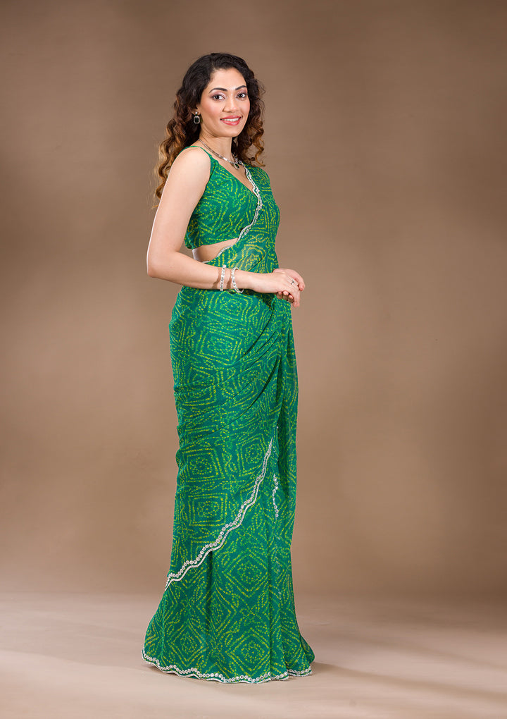 Leaf Green Georgette Bandhej Mirrorwork Saree With Matching Blouse Piece
