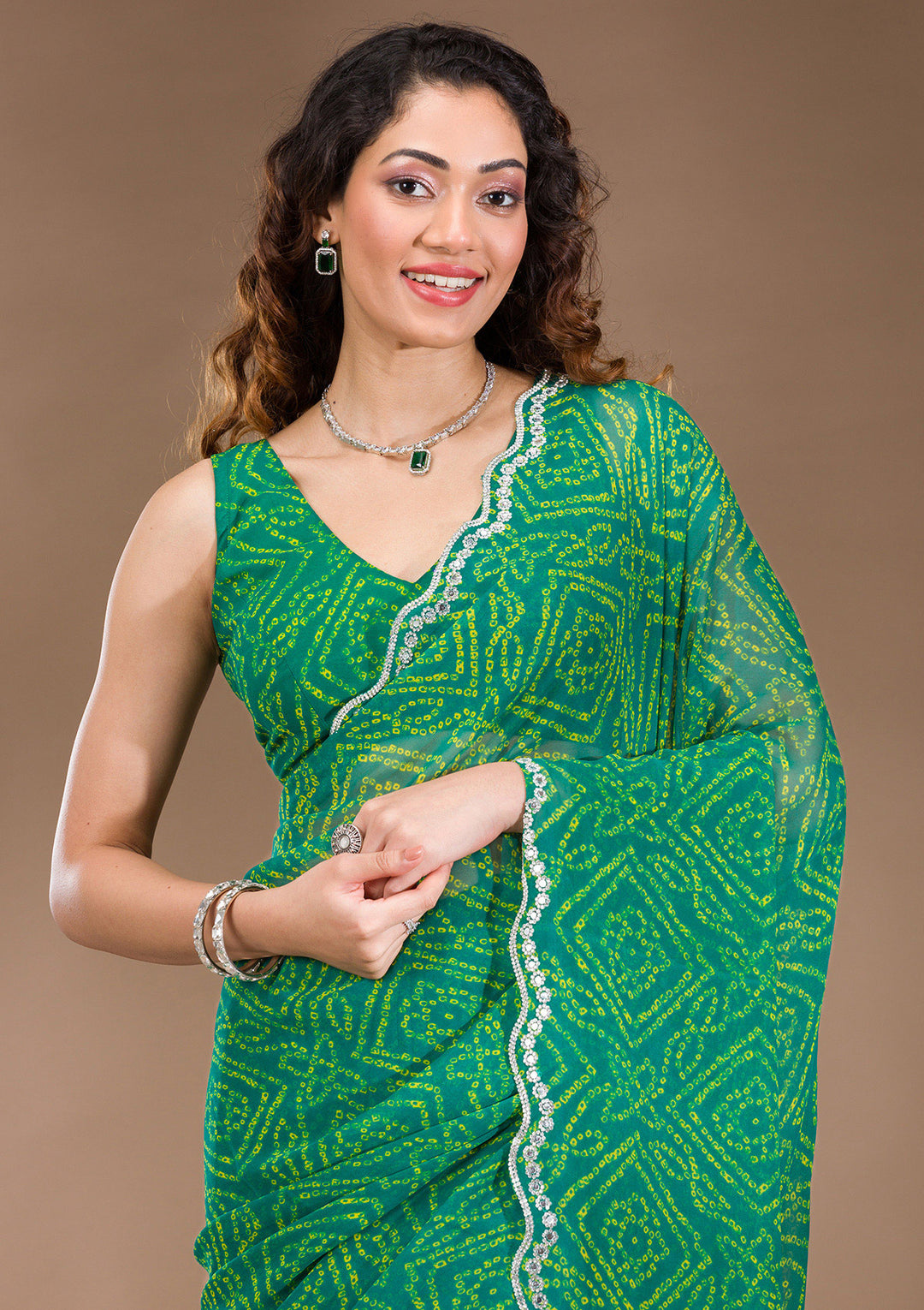 Leaf Green Georgette Bandhej Mirrorwork Saree With Matching Blouse Piece