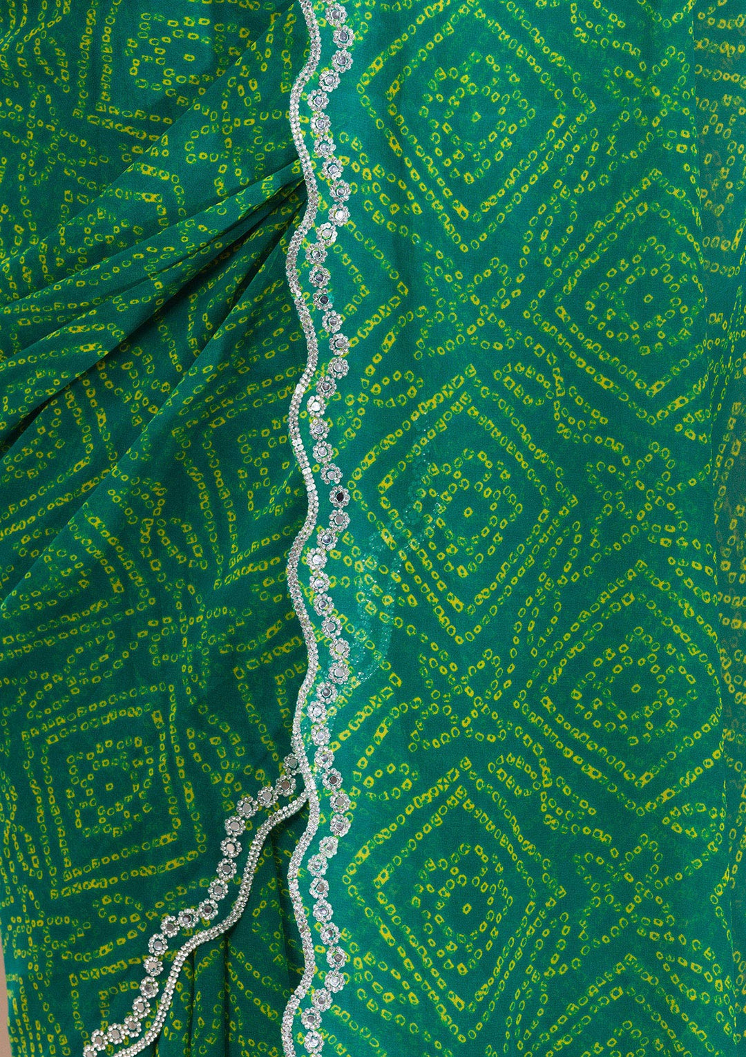 Leaf Green Georgette Bandhej Mirrorwork Saree With Matching Blouse Piece