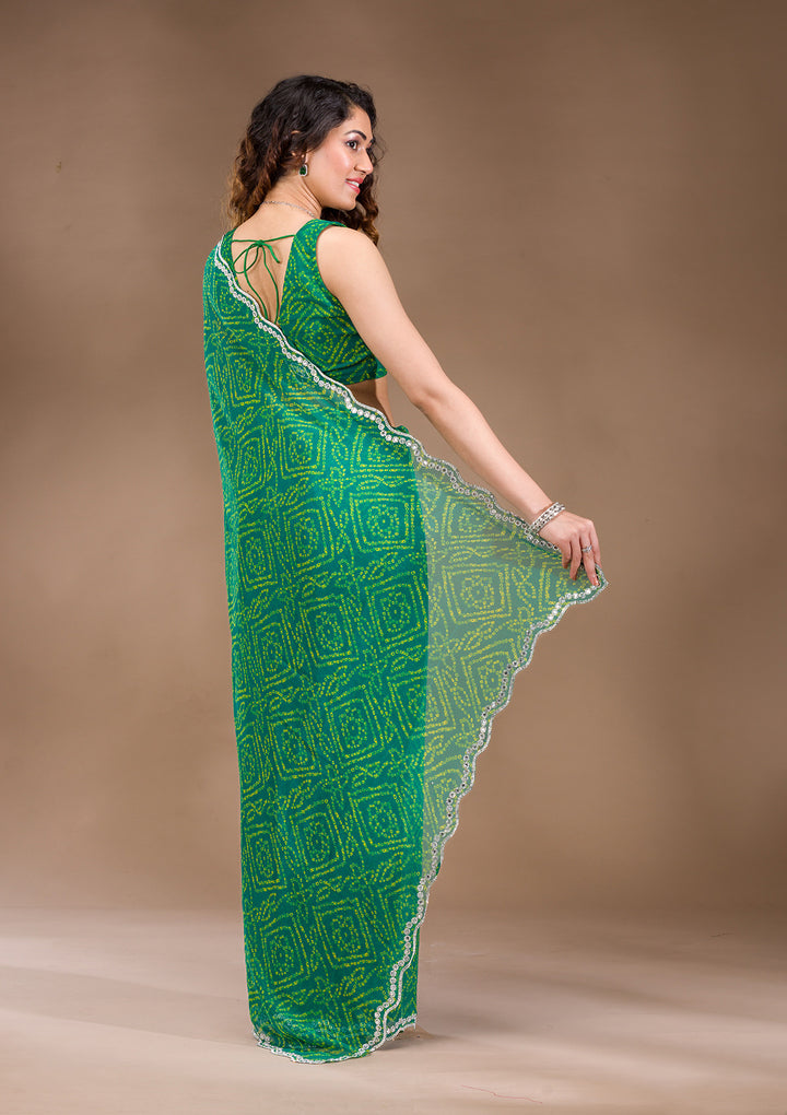 Leaf Green Georgette Bandhej Mirrorwork Saree With Matching Blouse Piece