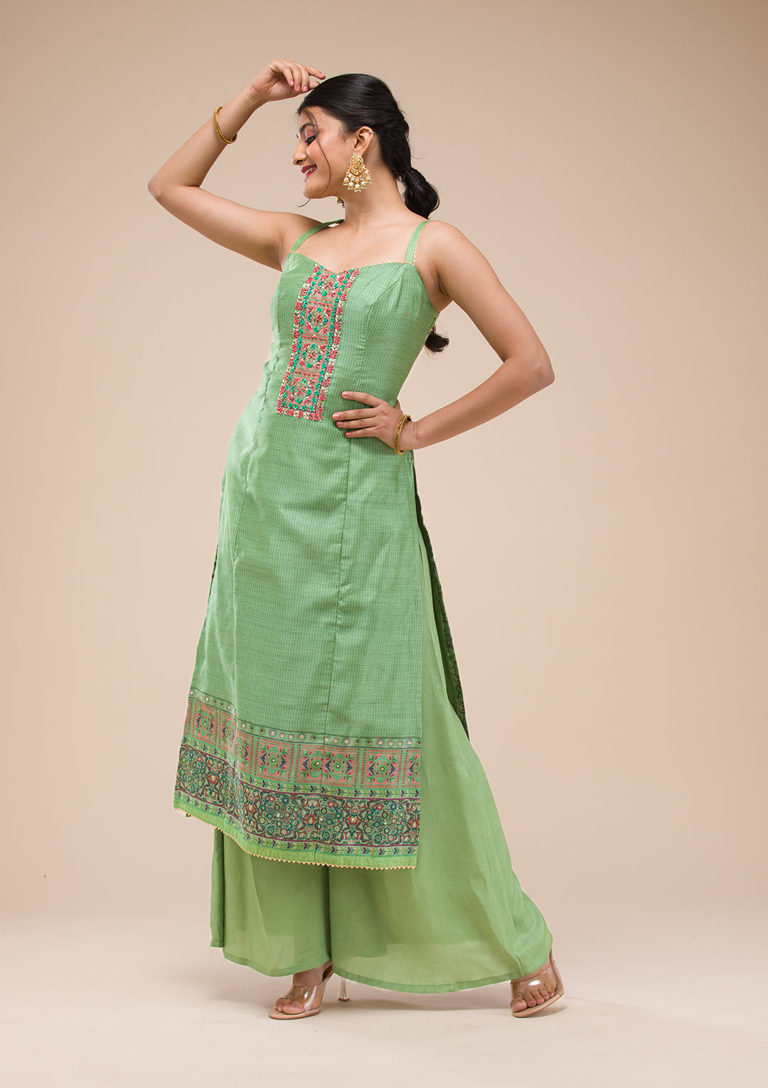 Green Threadwork Chanderi Readymade Salwar Suit