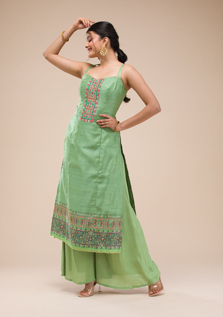 Green Threadwork Chanderi Readymade Salwar Suit