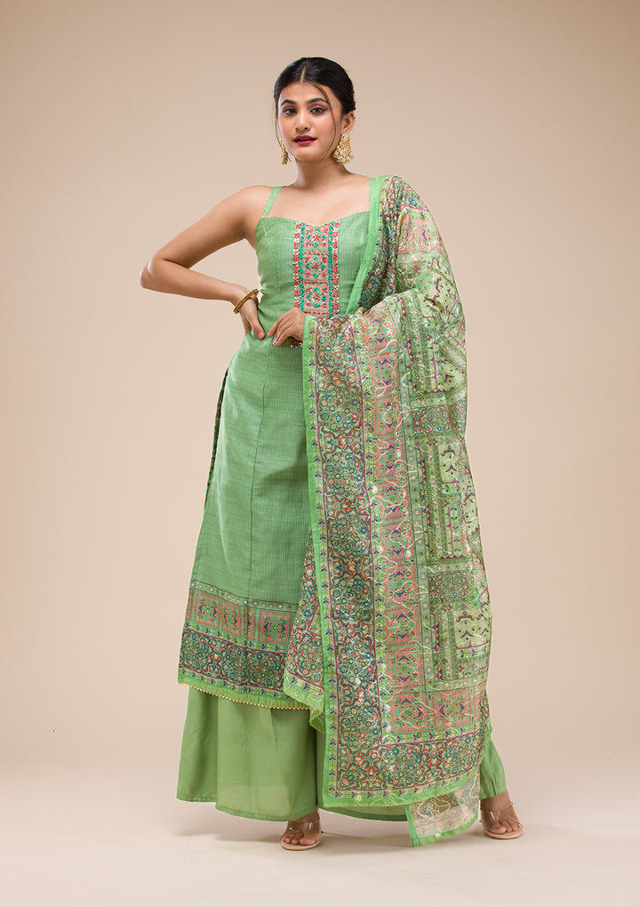Green Threadwork Chanderi Readymade Salwar Suit