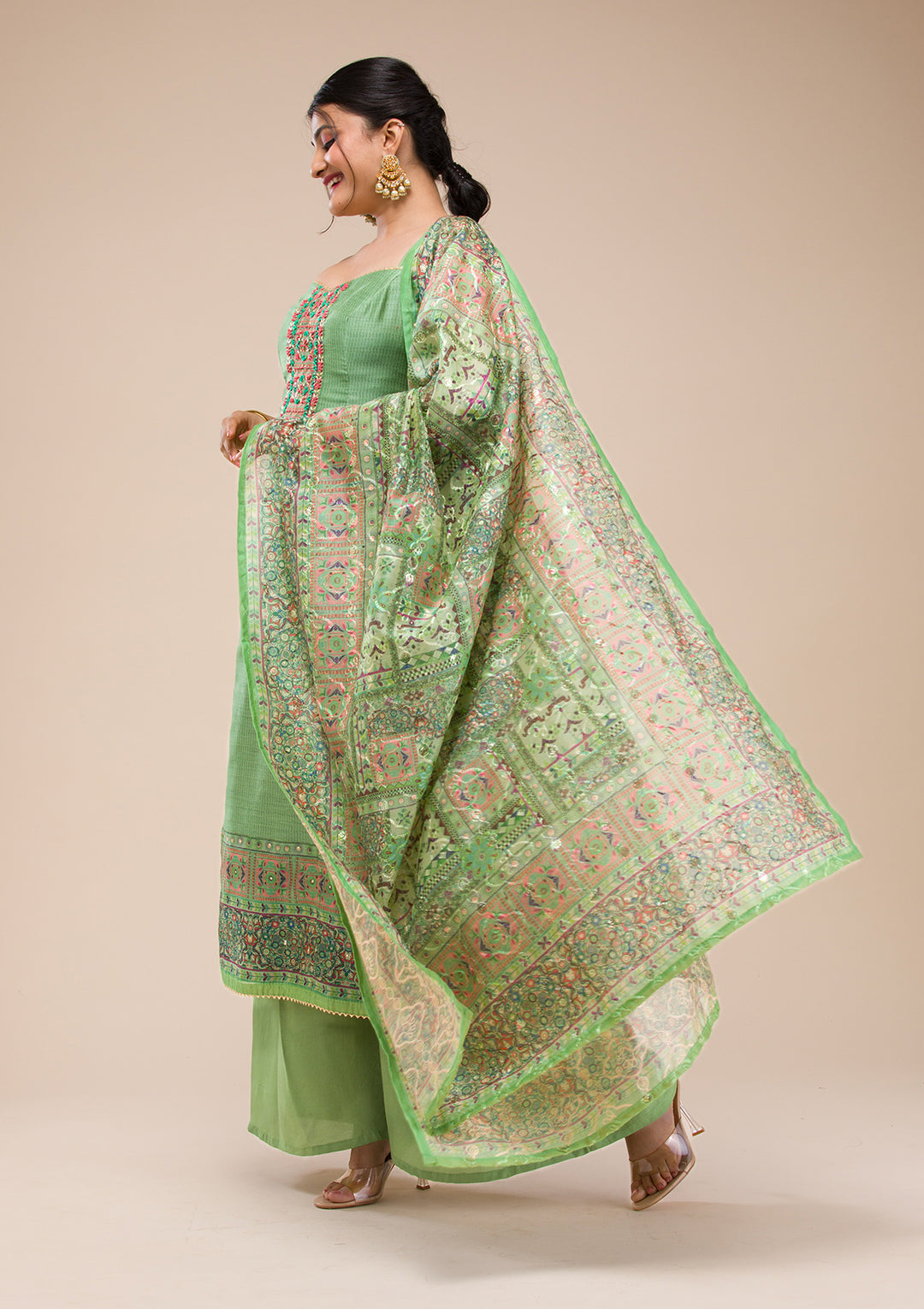 Green Threadwork Chanderi Readymade Salwar Suit