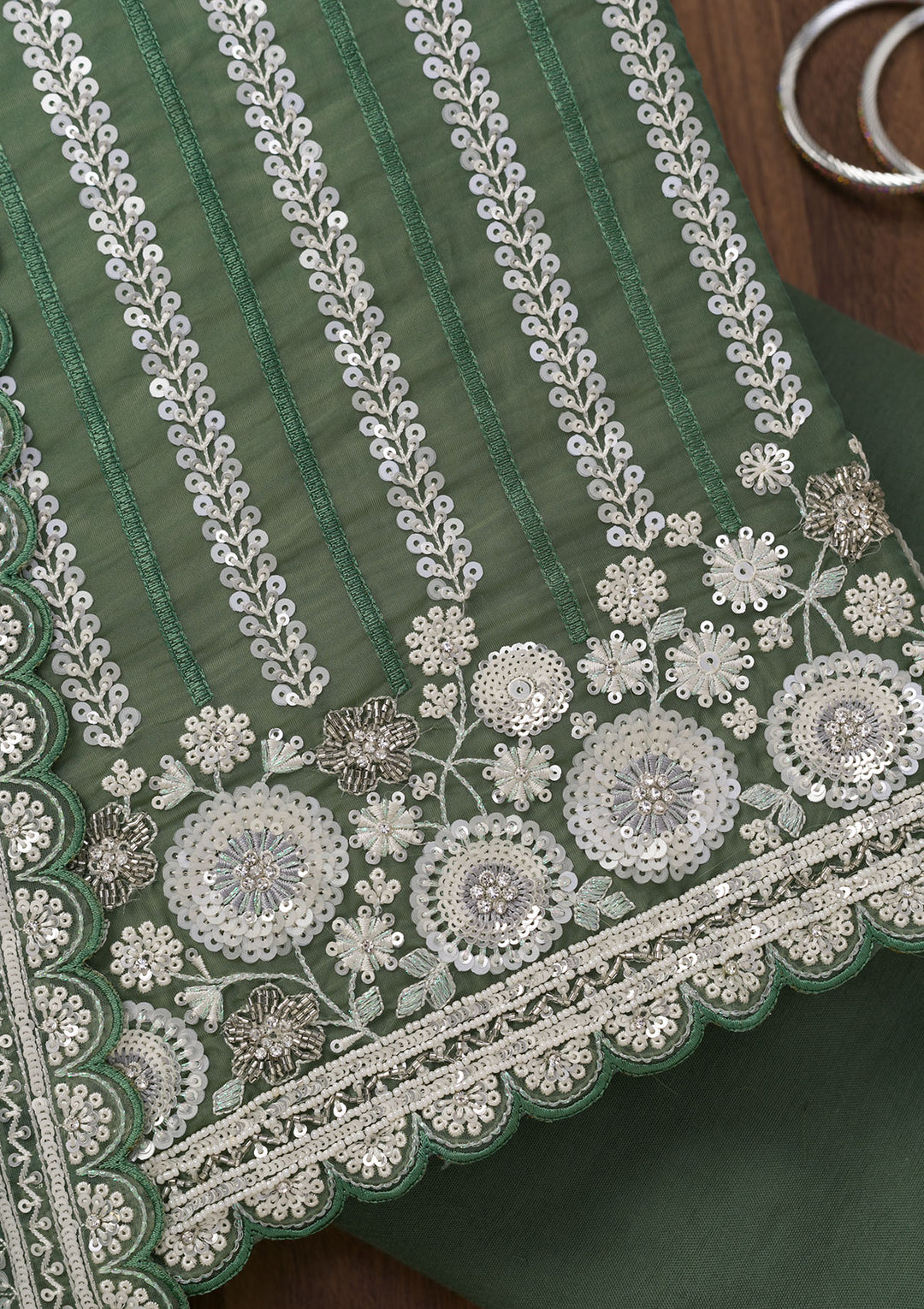 Green Threadwork Tissue Unstitched Salwar Suit