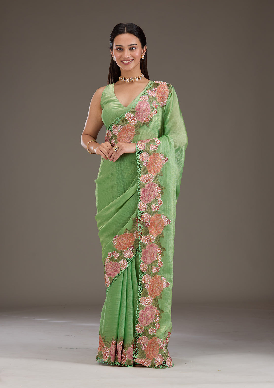 Green Tissue Cutwork Saree With Matching Blouse Piece