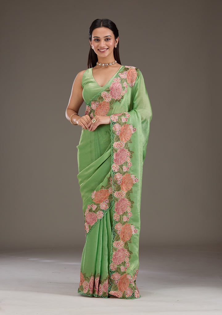Green Tissue Cutwork Saree With Matching Blouse Piece