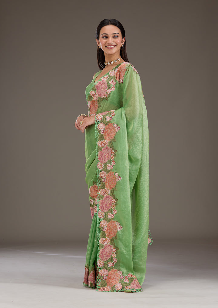 Green Tissue Cutwork Saree With Matching Blouse Piece