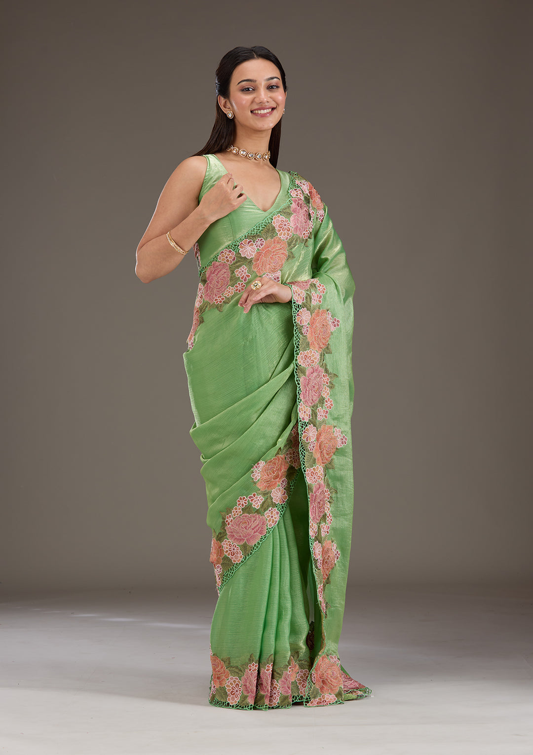 Green Tissue Cutwork Saree With Matching Blouse Piece