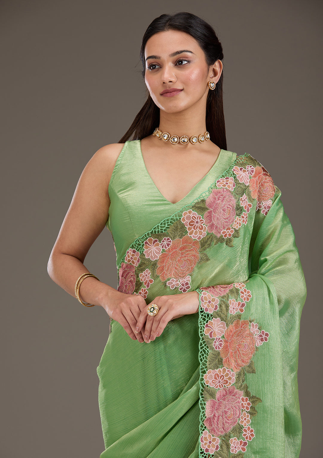 Green Tissue Cutwork Saree With Matching Blouse Piece