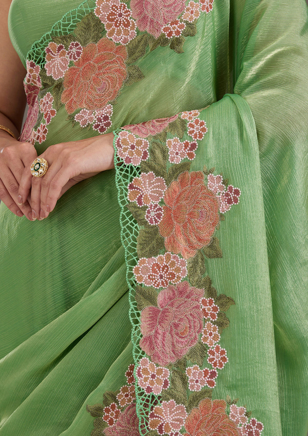Green Tissue Cutwork Saree With Matching Blouse Piece