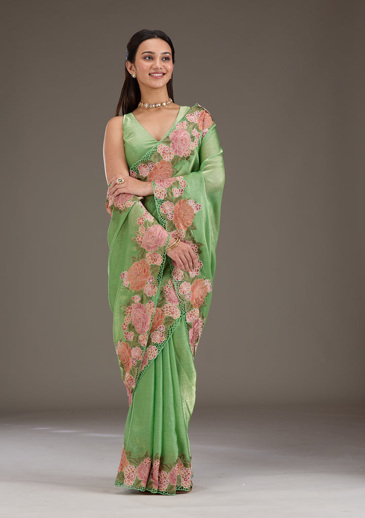 Green Tissue Cutwork Saree With Matching Blouse Piece