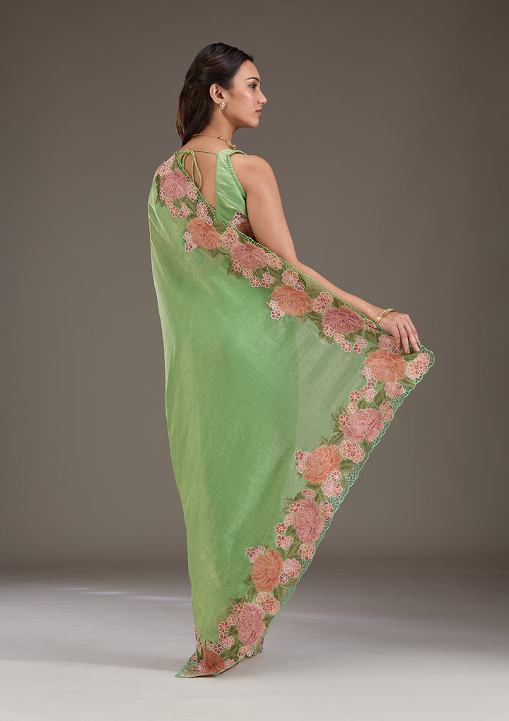 Green Tissue Cutwork Saree With Matching Blouse Piece