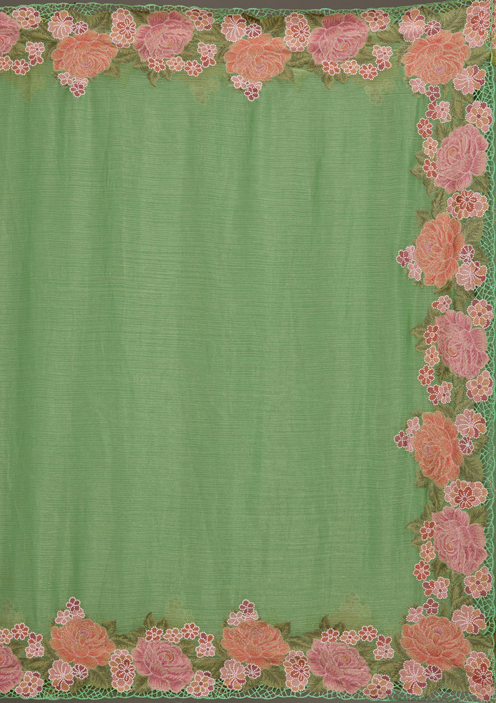 Green Tissue Cutwork Saree With Matching Blouse Piece