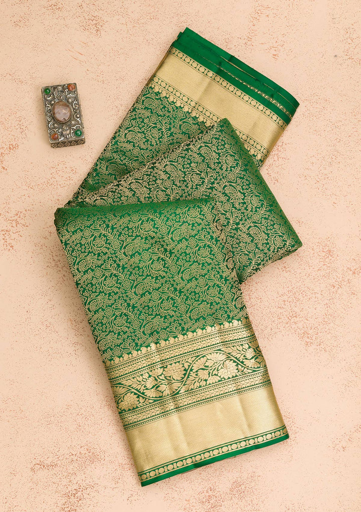 Leaf Green Silk Jaal Gold Zariwork Saree With Matching Blouse Piece