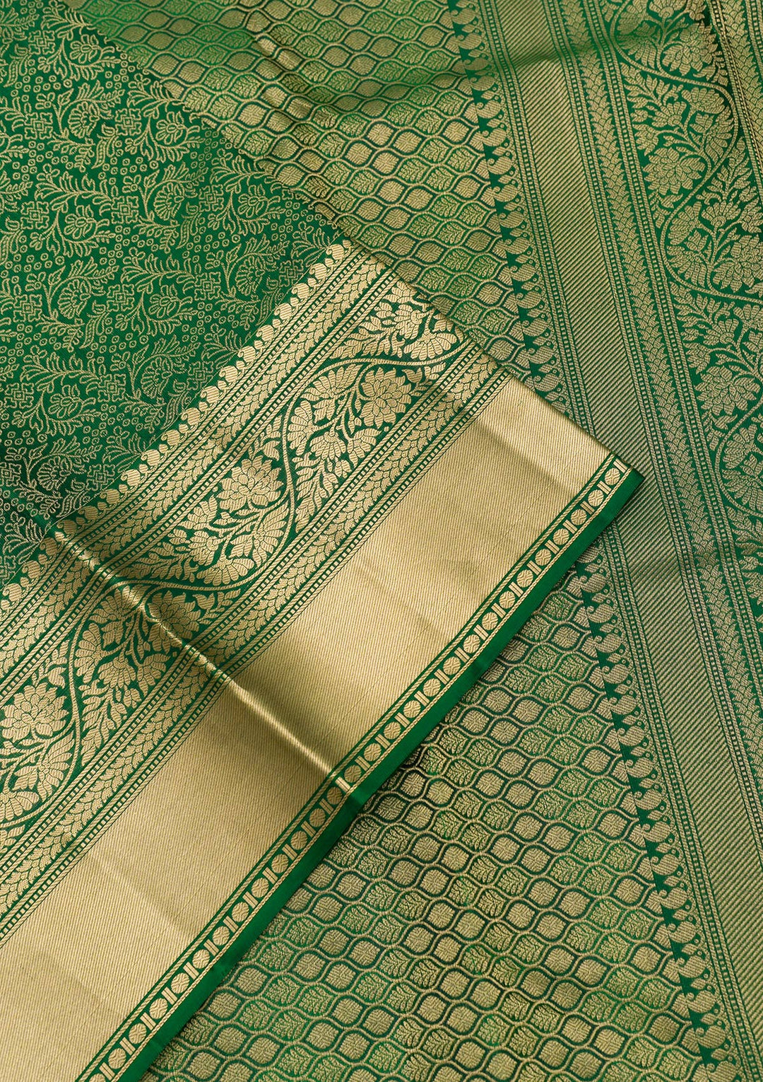 Leaf Green Silk Jaal Gold Zariwork Saree With Matching Blouse Piece