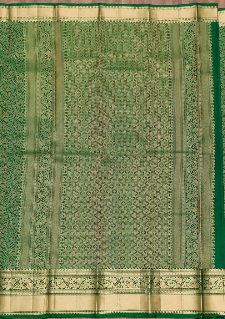 Leaf Green Silk Jaal Gold Zariwork Saree With Matching Blouse Piece