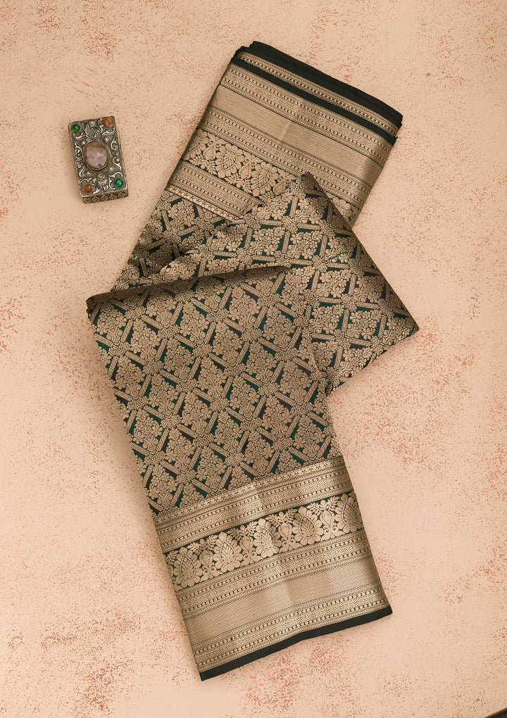 Bottle Green Silk Jaal Gold Zariwork Saree With Matching Blouse Piece